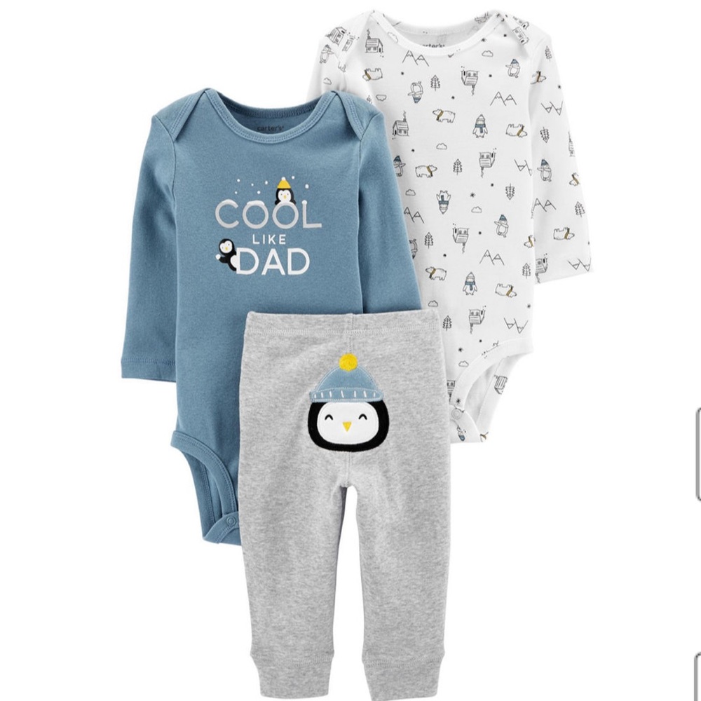 Carter’s Penguin onesie and sweatpants outfit